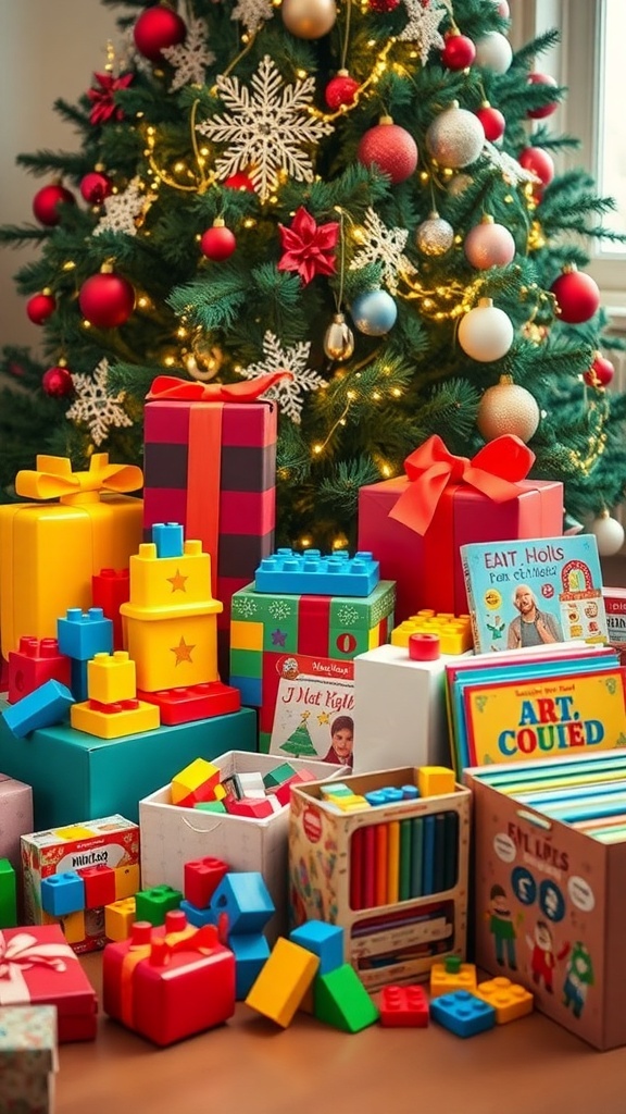 A variety of Christmas gifts for 3rd graders under a tree, including toys and books.